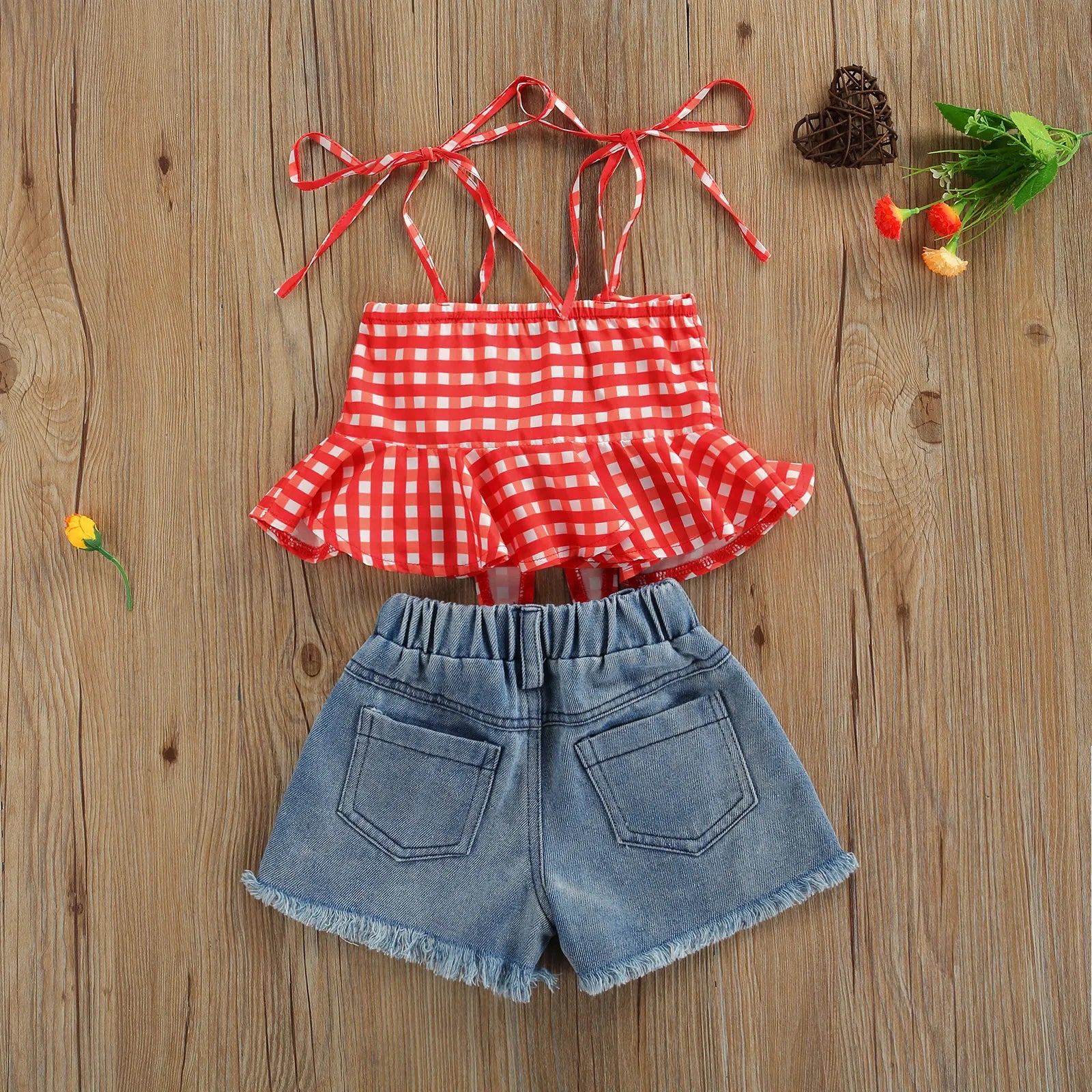 Plaid Spaghetti Strap + Ripped Denim Shorts Set - Little Love Baby Organics