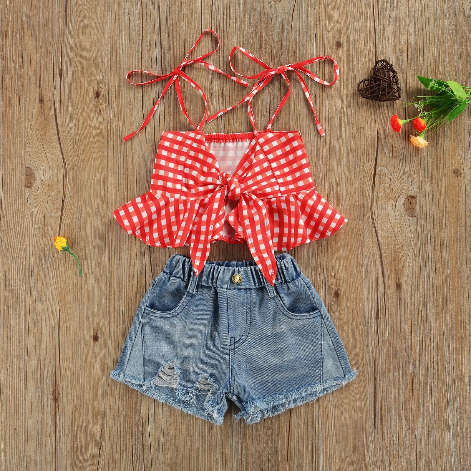 Plaid Spaghetti Strap + Ripped Denim Shorts Set - Little Love Baby Organics