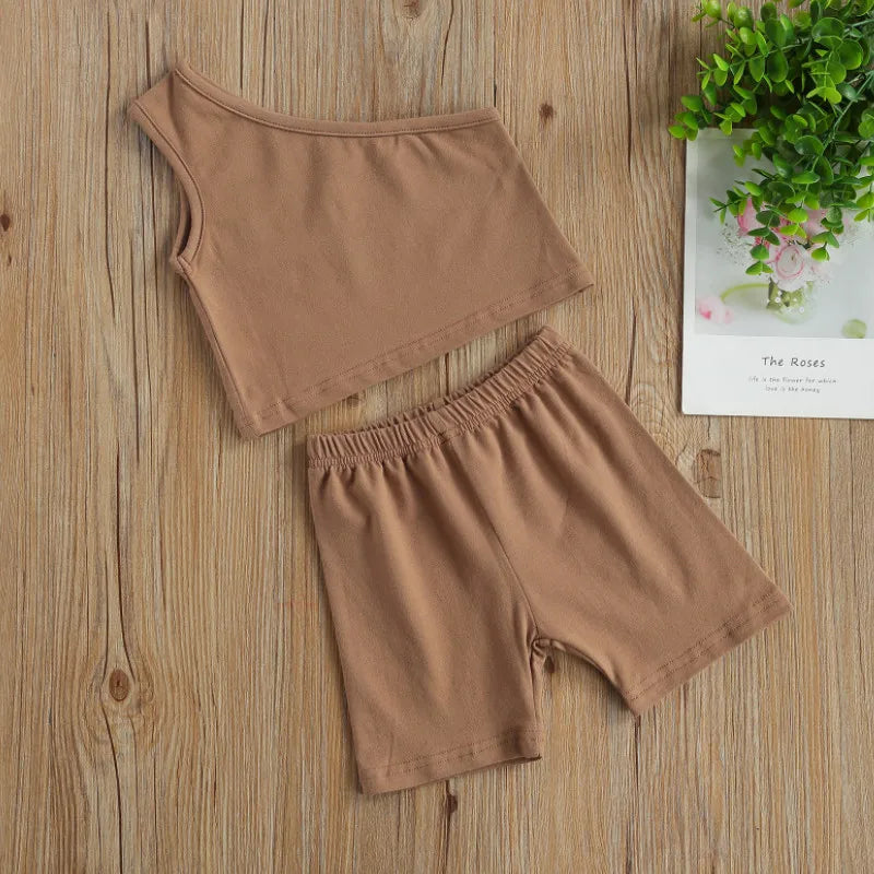 Kids Baby Girls Fashion 2-piece Outfit Set One Shoulder Solid Color Tops+Shorts Set Daily Wear Summer 2023 - Little Love Baby Organics