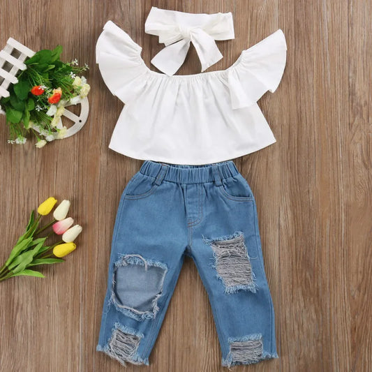 Off Shoulder Top + Distressed Jean Set - Little Love Baby Organics