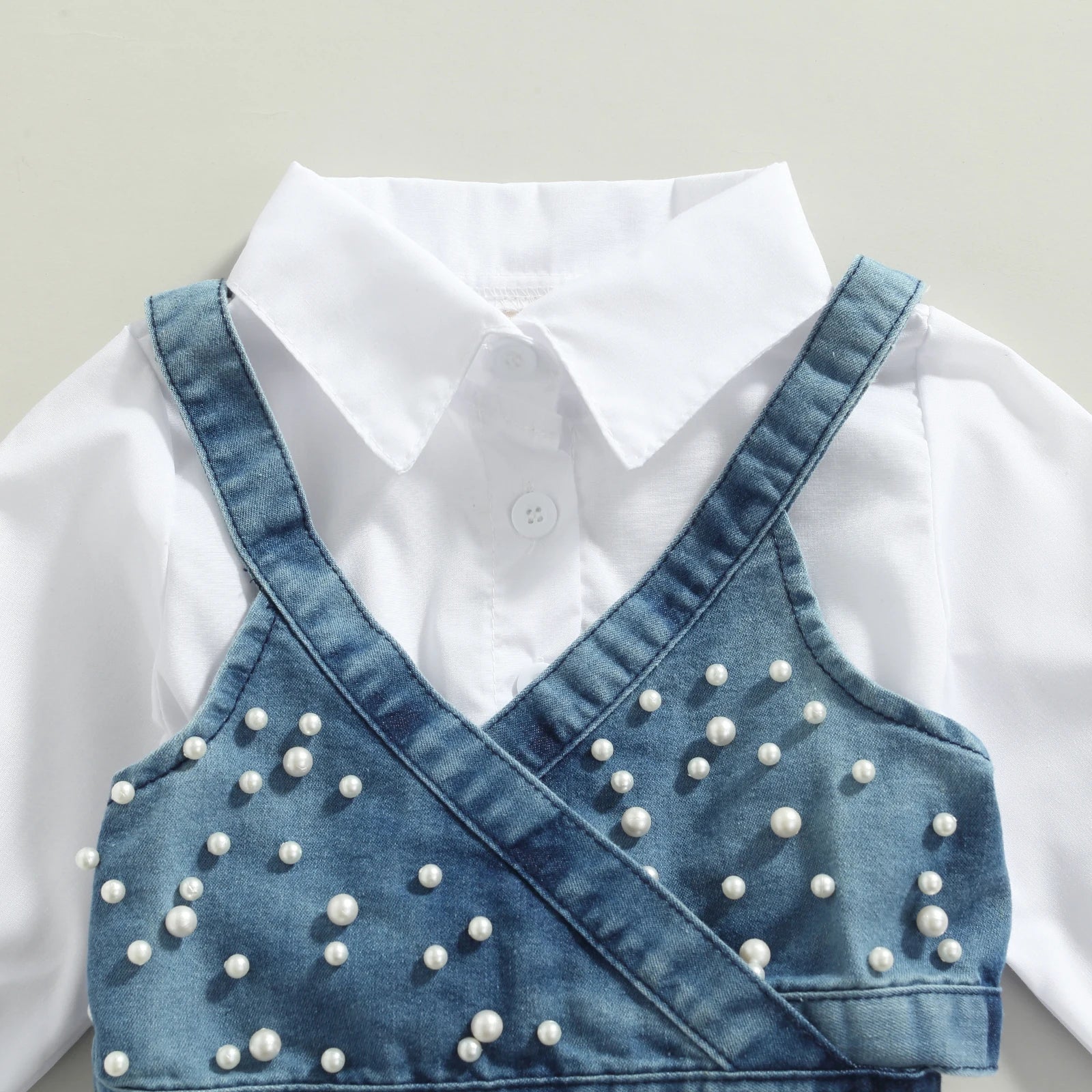 White Long Sleeve Dress + Denim Beading Vest - Little Love Baby Organics