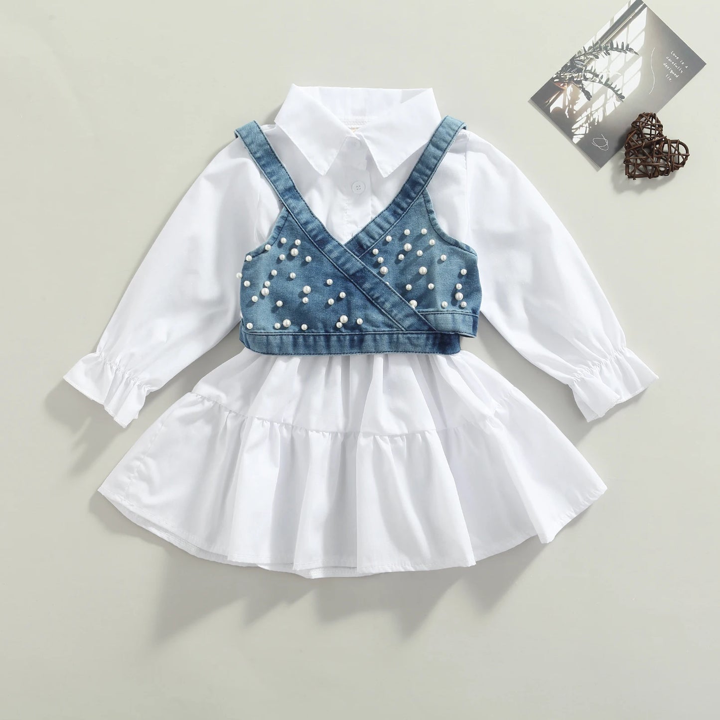 White Long Sleeve Dress + Denim Beading Vest - Little Love Baby Organics