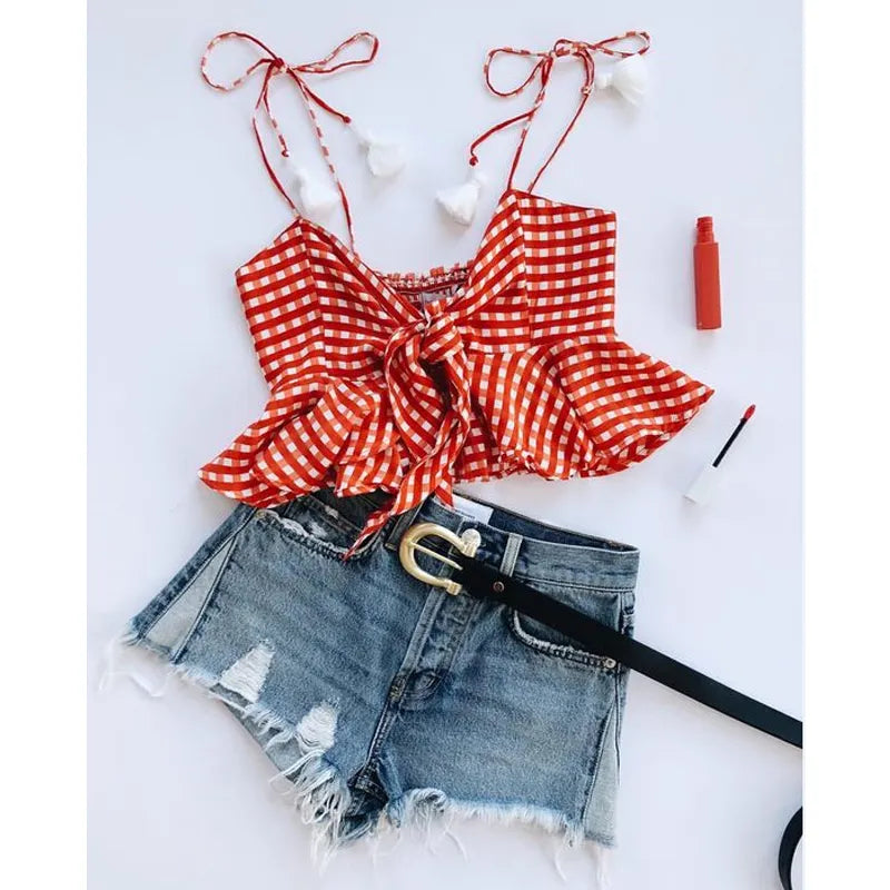 Plaid Spaghetti Strap + Ripped Denim Shorts Set - Little Love Baby Organics