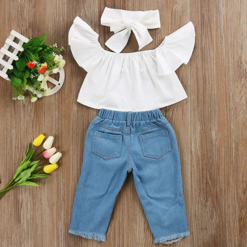 Off Shoulder Top + Distressed Jean Set - Little Love Baby Organics