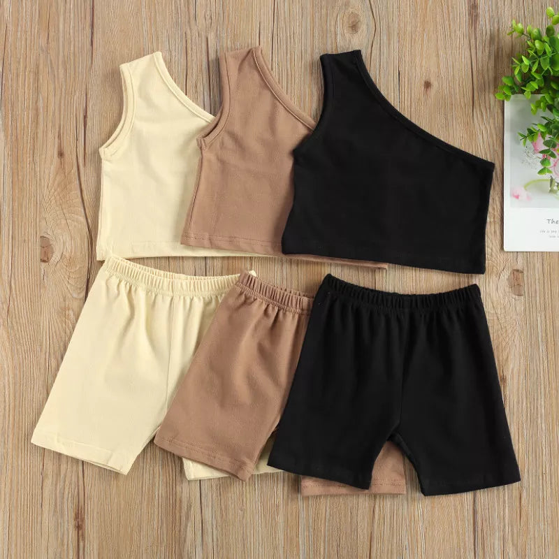 Kids Baby Girls Fashion 2-piece Outfit Set One Shoulder Solid Color Tops+Shorts Set Daily Wear Summer 2023 - Little Love Baby Organics