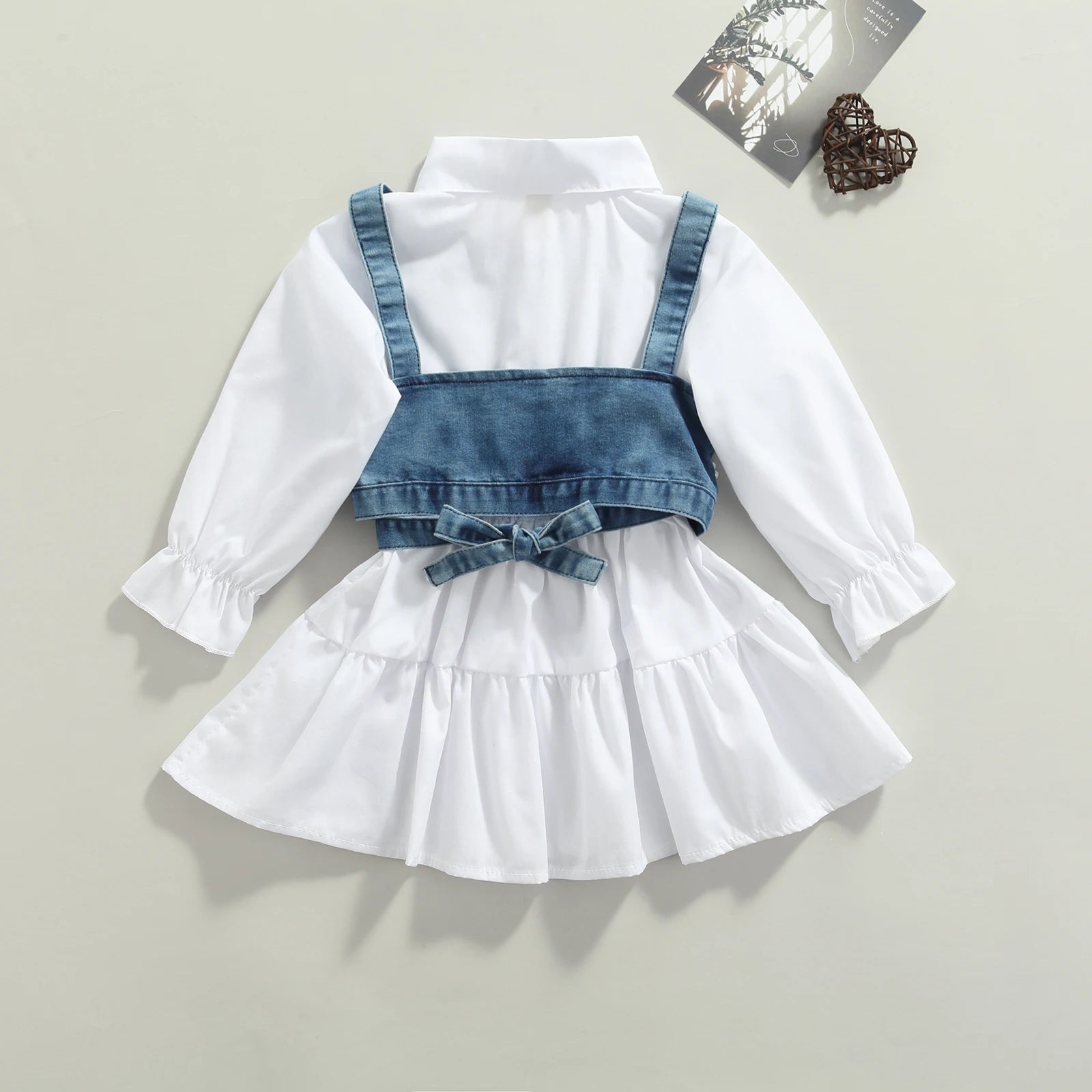 White Long Sleeve Dress + Denim Beading Vest - Little Love Baby Organics