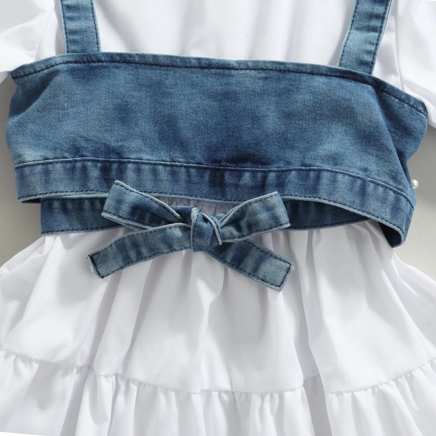 White Long Sleeve Dress + Denim Beading Vest - Little Love Baby Organics