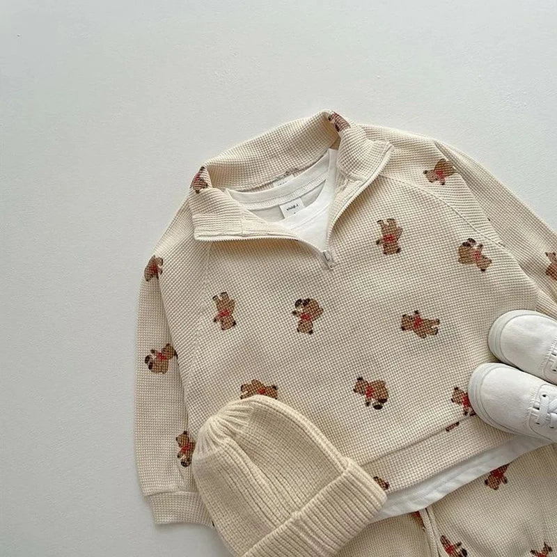 2023 Autumn New Baby Clothing Waffle Set Little Bear Pattern Print Newborn Boys and Girls Long Sleeve Pants Two Piece Casual Set - Little Love Baby Organics