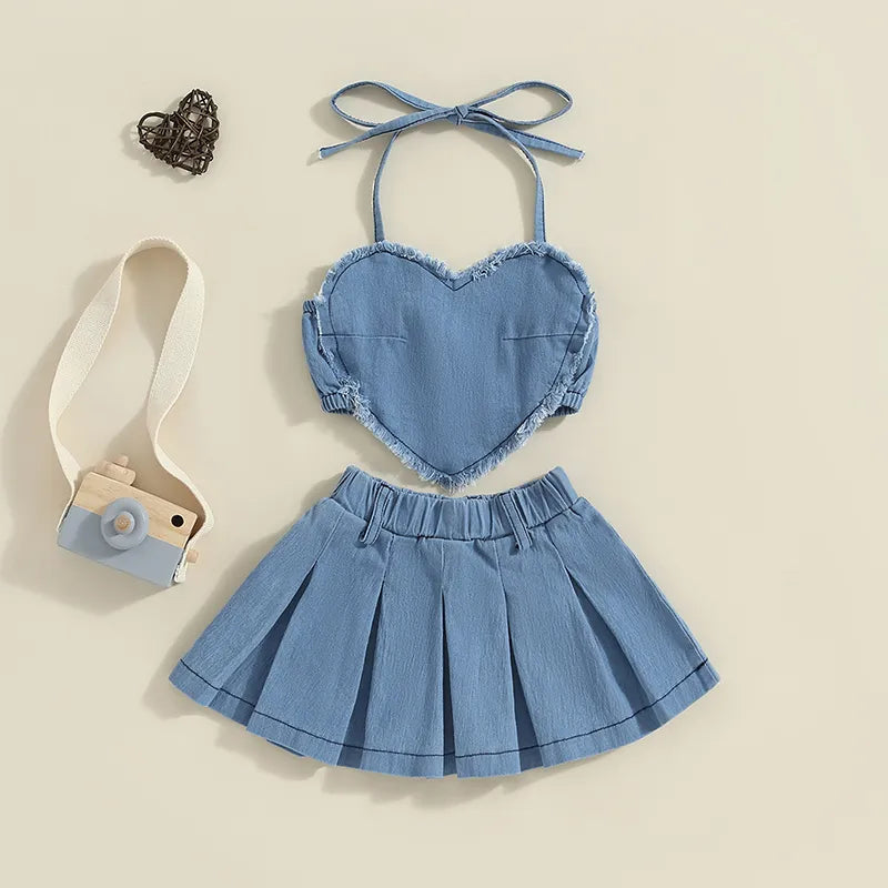 Denim Heart Halter + Pleated Skirt Set