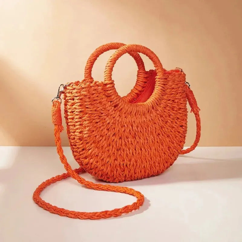 Handwoven Mom Rattan Half-Moon Beach Handbag