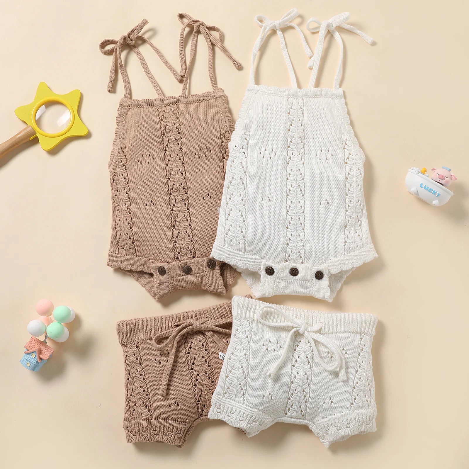 Knitted Solid Rompers+ Drawstring Shorts Sets - Little Love Baby Organics