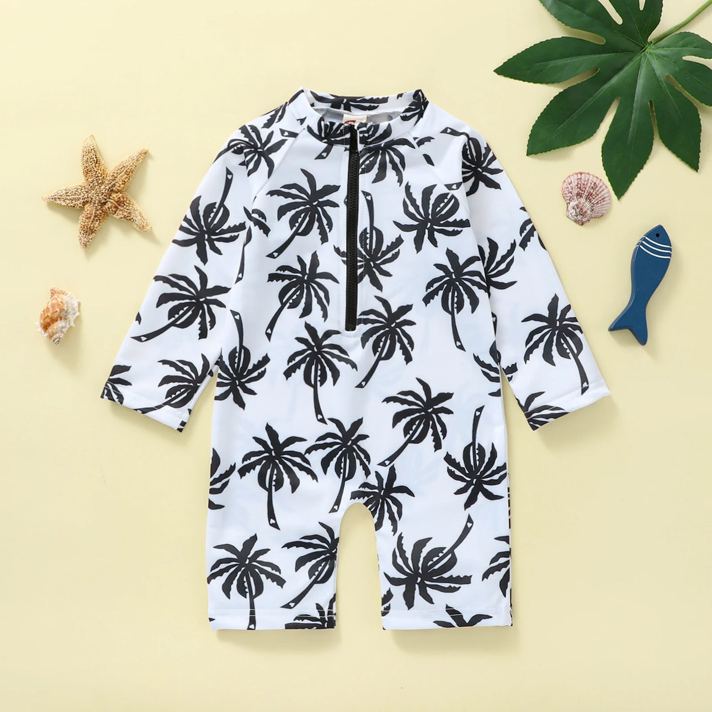 Palm Tree+ Whales Long Sleeve Round Neck Zipper Jumpsuit - Little Love Baby Organics