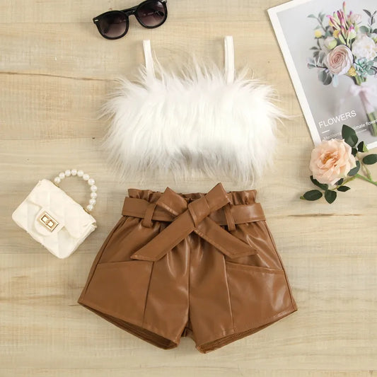 Fluffy Fur Cami+ High Waist Leather Shorts with Belt - Little Love Baby Organics