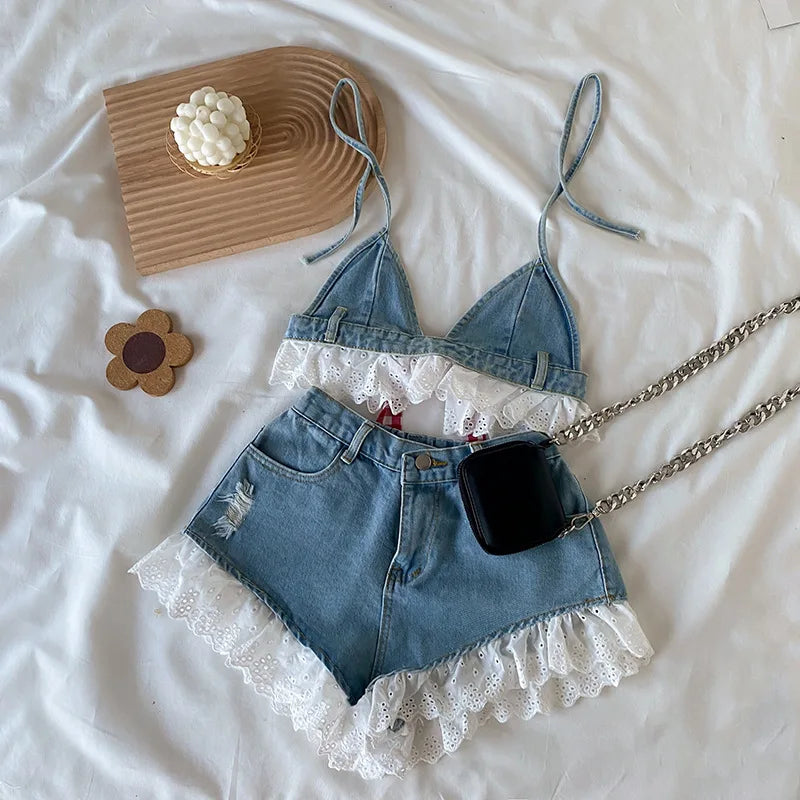 Denim Crop Shirts+Jeans Shorts - Little Love Baby Organics