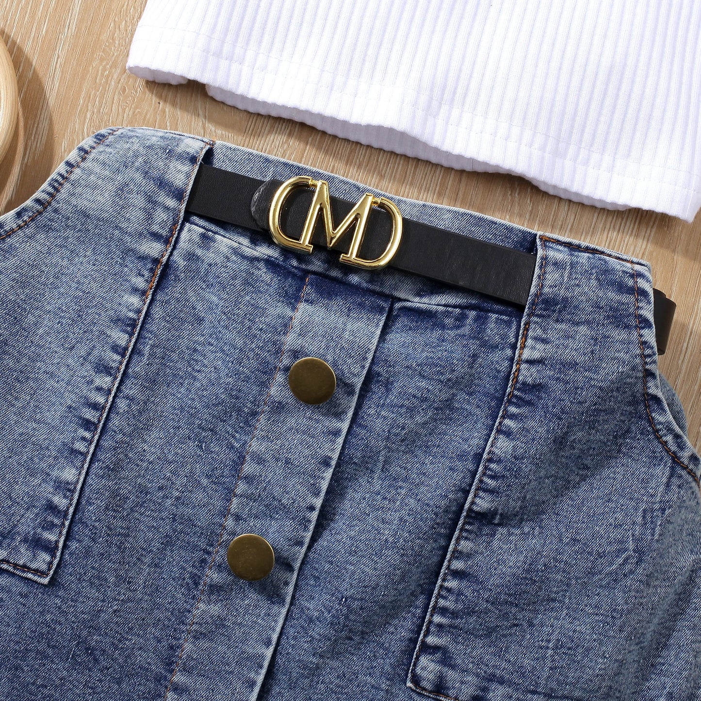 Maggie Set •Vest Top+Denim Pocket Pleated Skirt +Belt