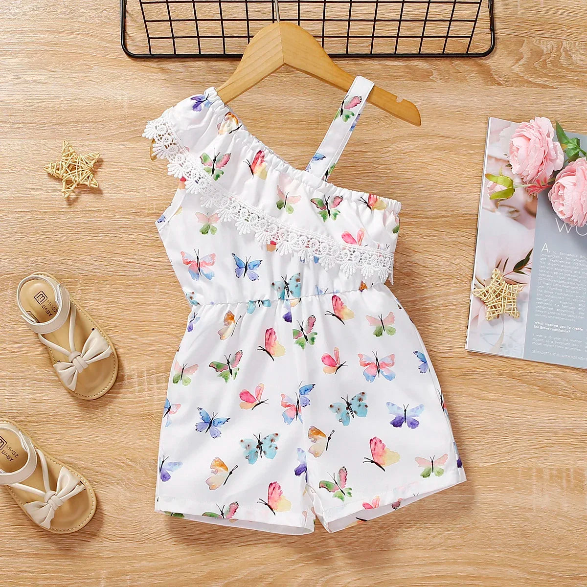 Butterfly Print One-Shoulder Romper