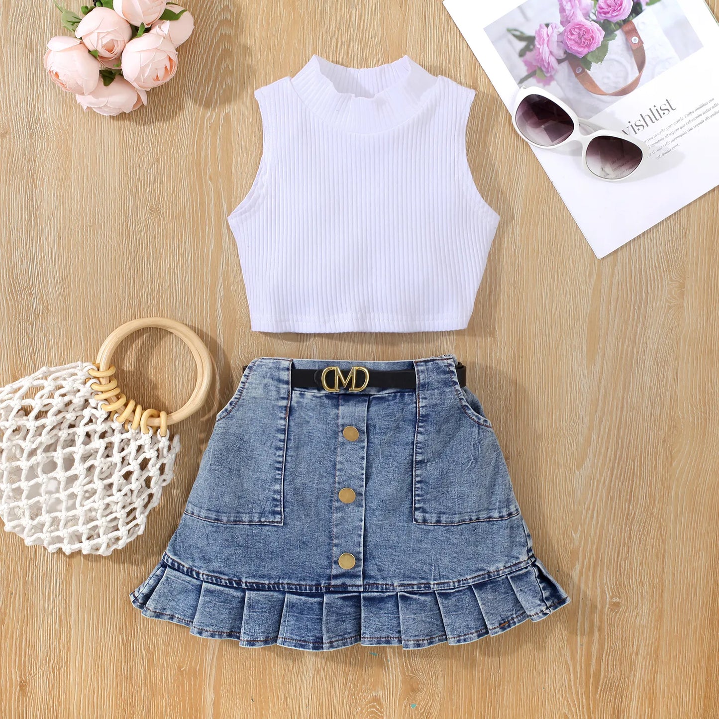 Maggie Set •Vest Top+Denim Pocket Pleated Skirt +Belt