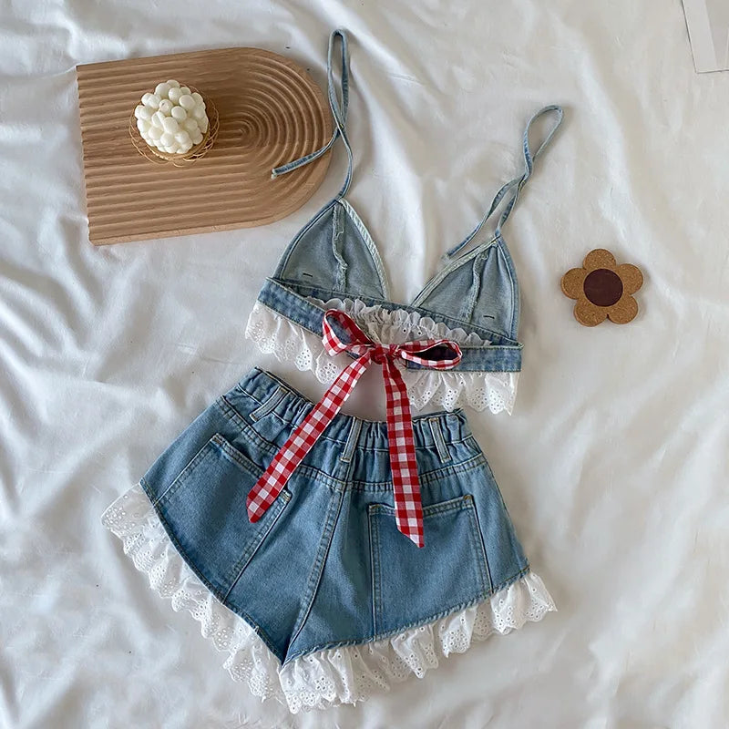 Denim Crop Shirts+Jeans Shorts - Little Love Baby Organics