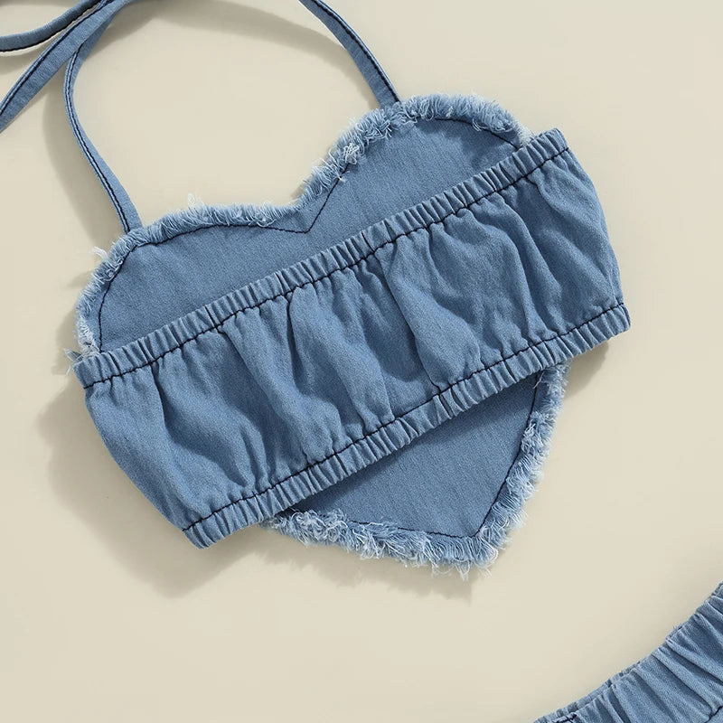 Denim Heart Halter + Pleated Skirt Set