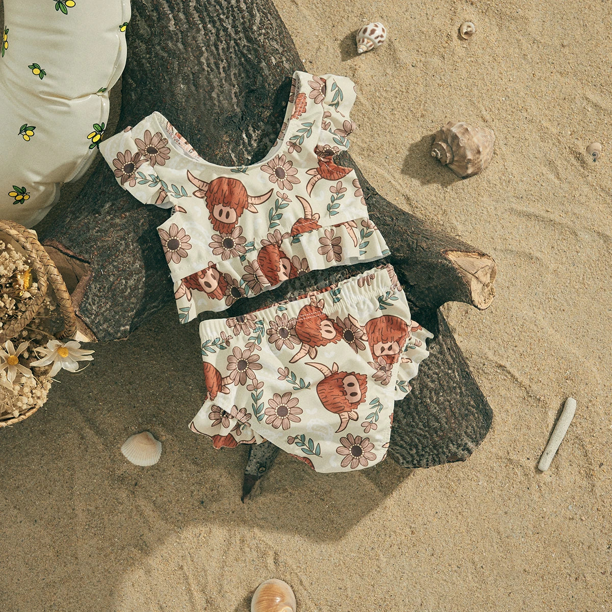 Sweet Flower/Bull Head Print With Fly Sleeve Detail +  Elastic Waist Bottoms - Little Love Baby Organics