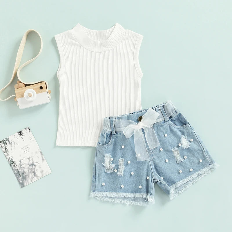 Cindy Ribbed Tank + Pearl Ripped Denim Shorts with Belt Set