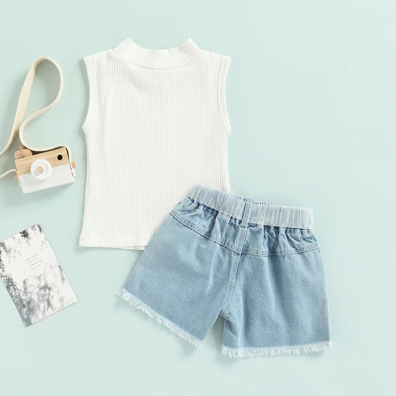 Cindy Ribbed Tank + Pearl Ripped Denim Shorts with Belt Set