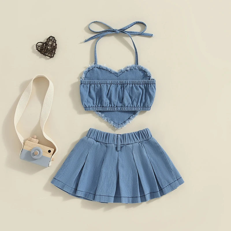 Denim Heart Halter + Pleated Skirt Set