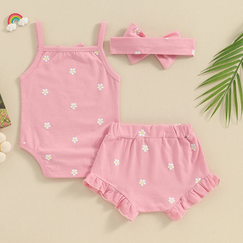 Pink Floral Ruffle Shorts + Bow - Little Love Baby Organics