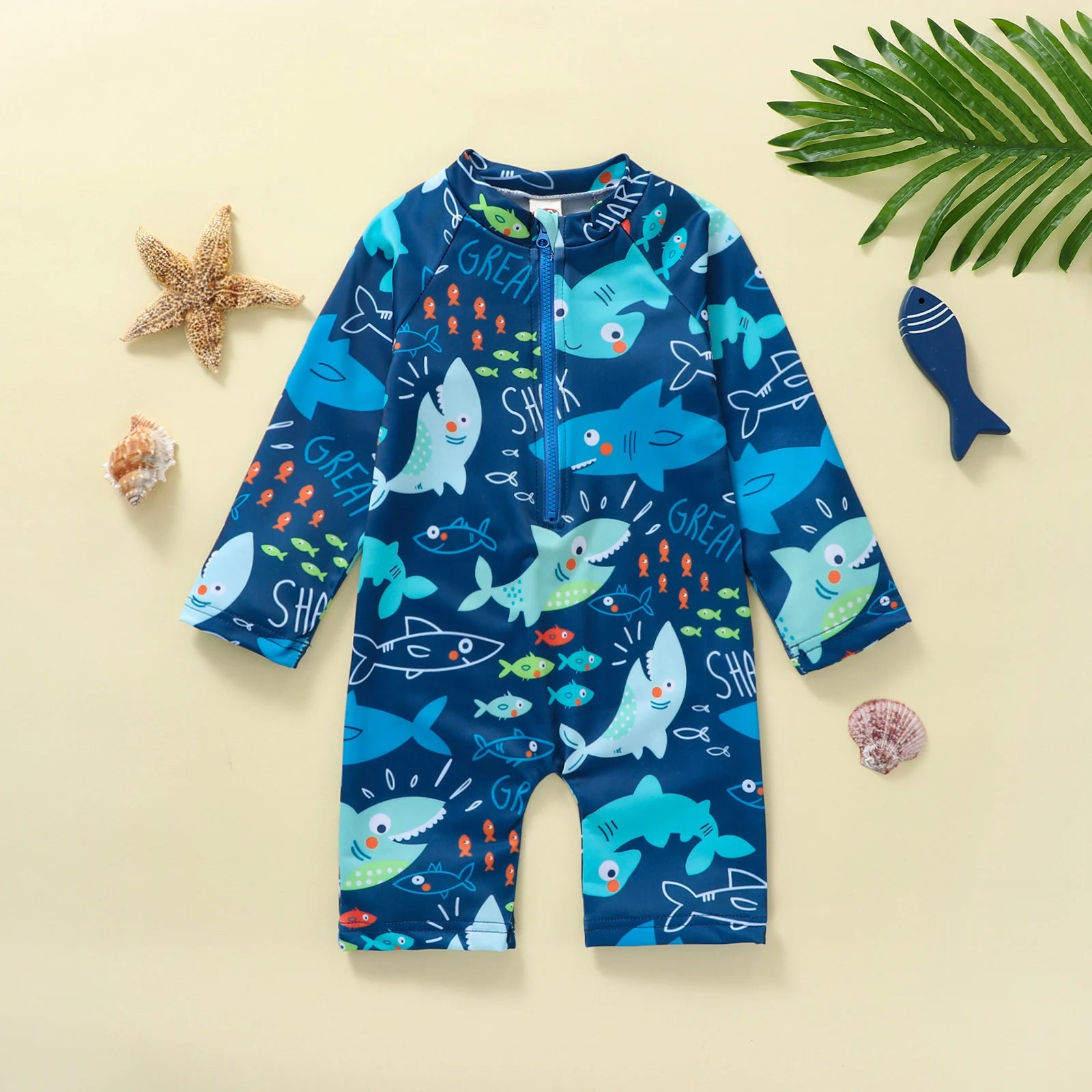 Palm Tree+ Whales Long Sleeve Round Neck Zipper Jumpsuit - Little Love Baby Organics