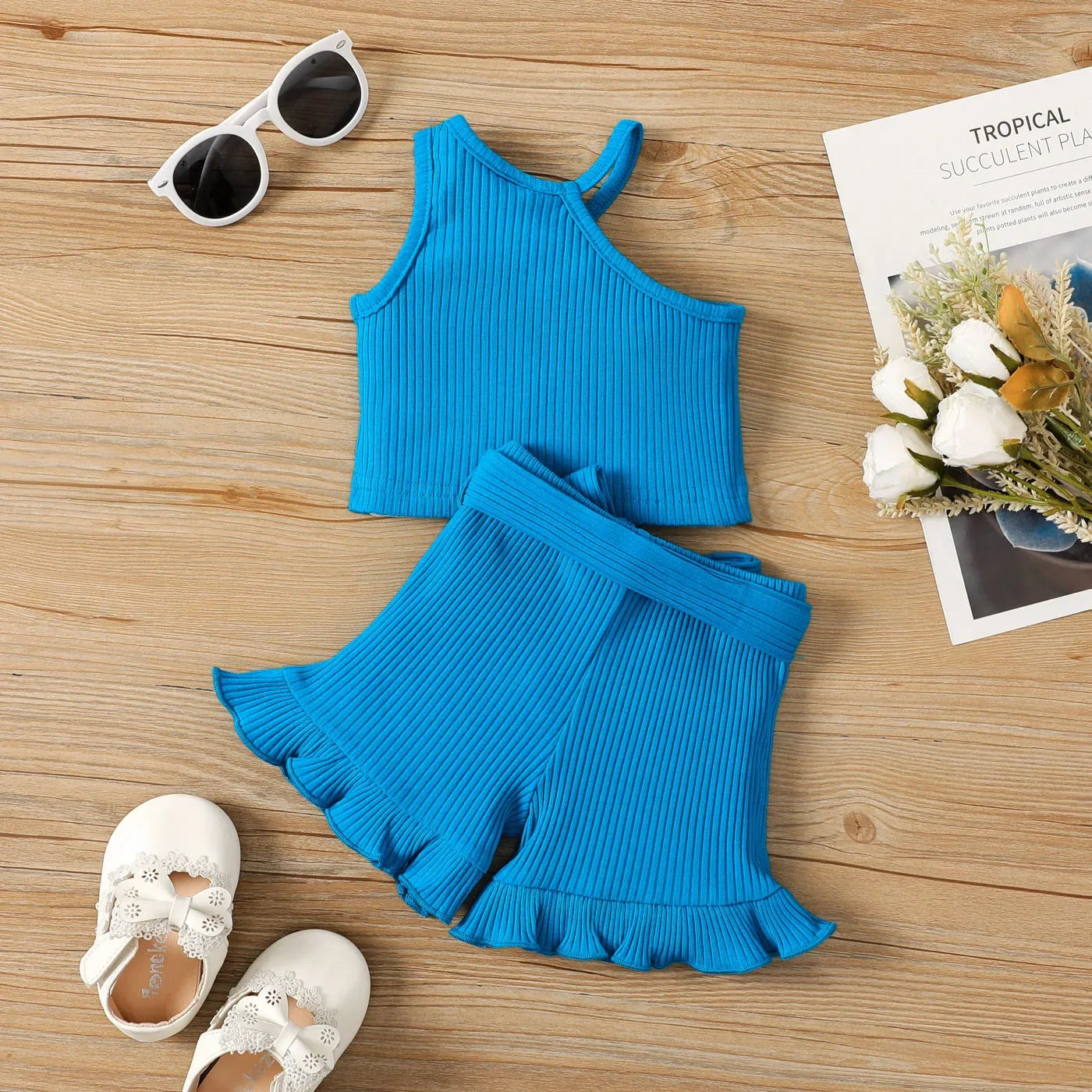 Casual Blue Rib Knit One Shoulder Halter Tank + Belted Ruffle Trim Shorts Set - Little Love Baby Organics