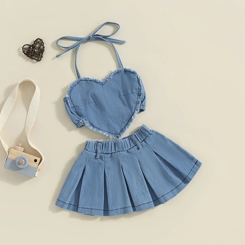 Denim Heart Halter + Pleated Skirt Set