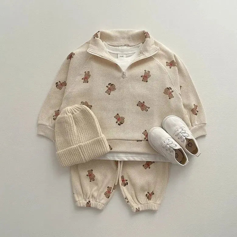 2023 Autumn New Baby Clothing Waffle Set Little Bear Pattern Print Newborn Boys and Girls Long Sleeve Pants Two Piece Casual Set - Little Love Baby Organics