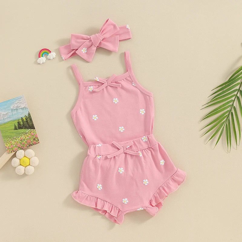 Pink Floral Ruffle Shorts + Bow - Little Love Baby Organics