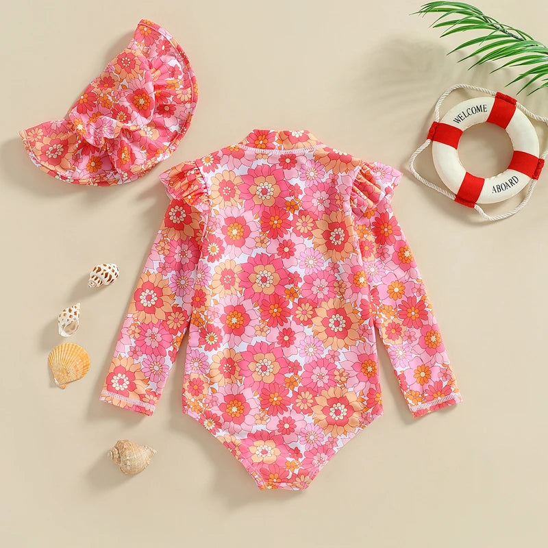 Bright Pink Floral Print + Hat - Little Love Baby Organics