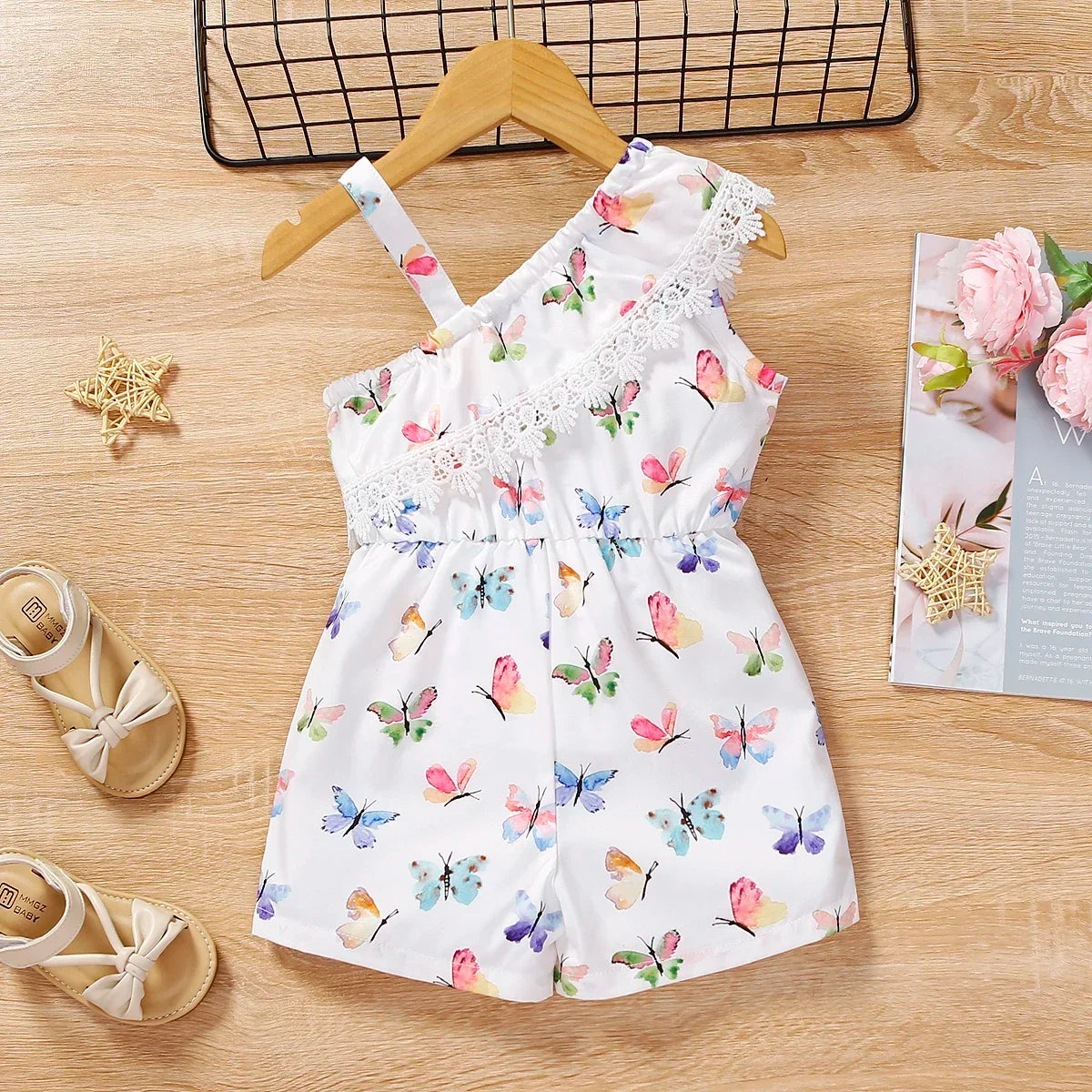 Butterfly Print One-Shoulder Romper