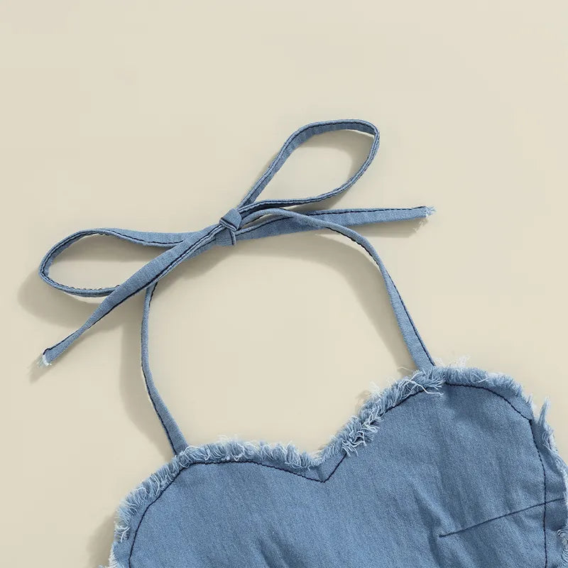 Denim Heart Halter + Pleated Skirt Set