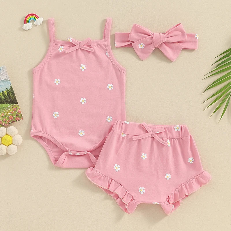 Pink Floral Ruffle Shorts + Bow - Little Love Baby Organics