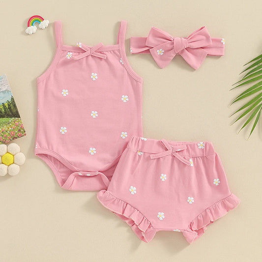 Pink Floral Ruffle Shorts + Bow - Little Love Baby Organics