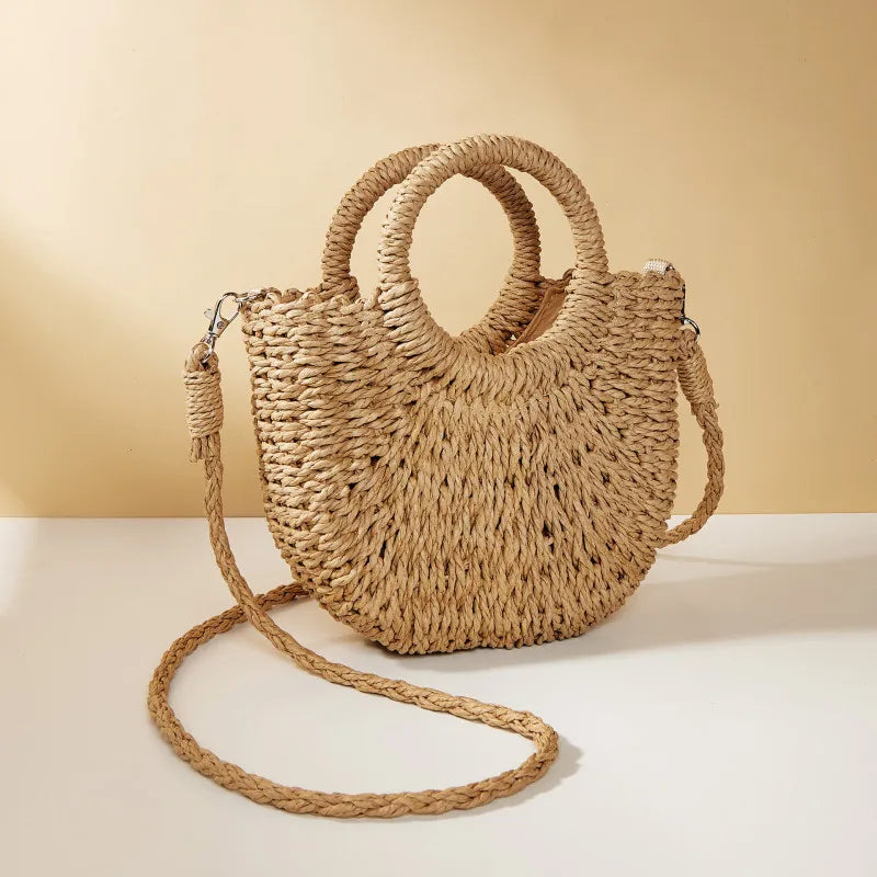 Handwoven Mom Rattan Half-Moon Beach Handbag