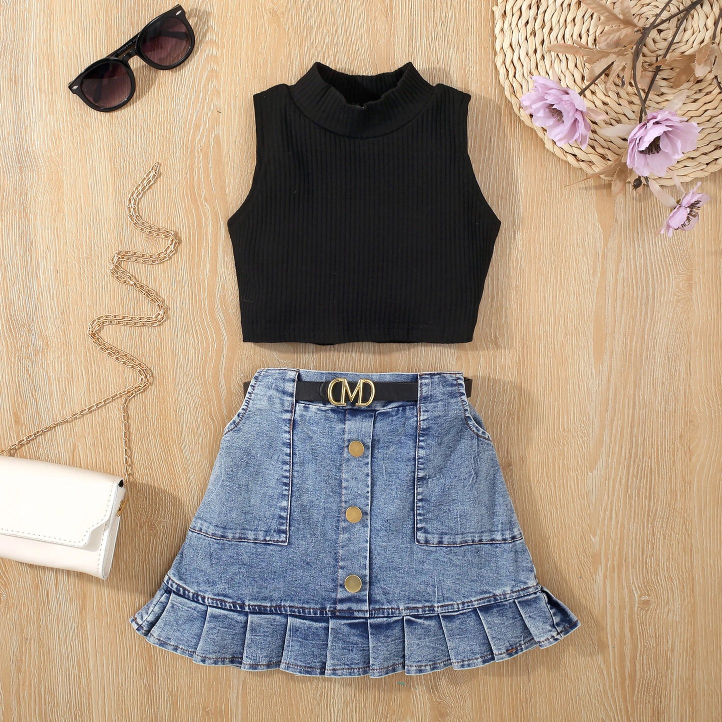 Maggie Set •Vest Top+Denim Pocket Pleated Skirt +Belt