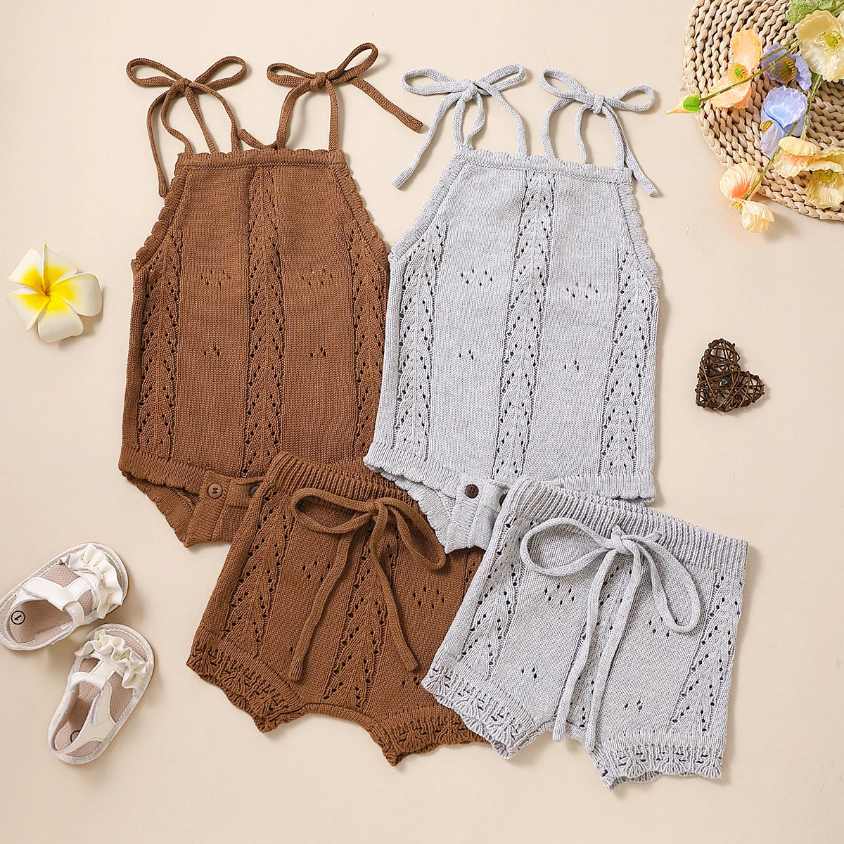 Knitted Solid Rompers+ Drawstring Shorts Sets - Little Love Baby Organics