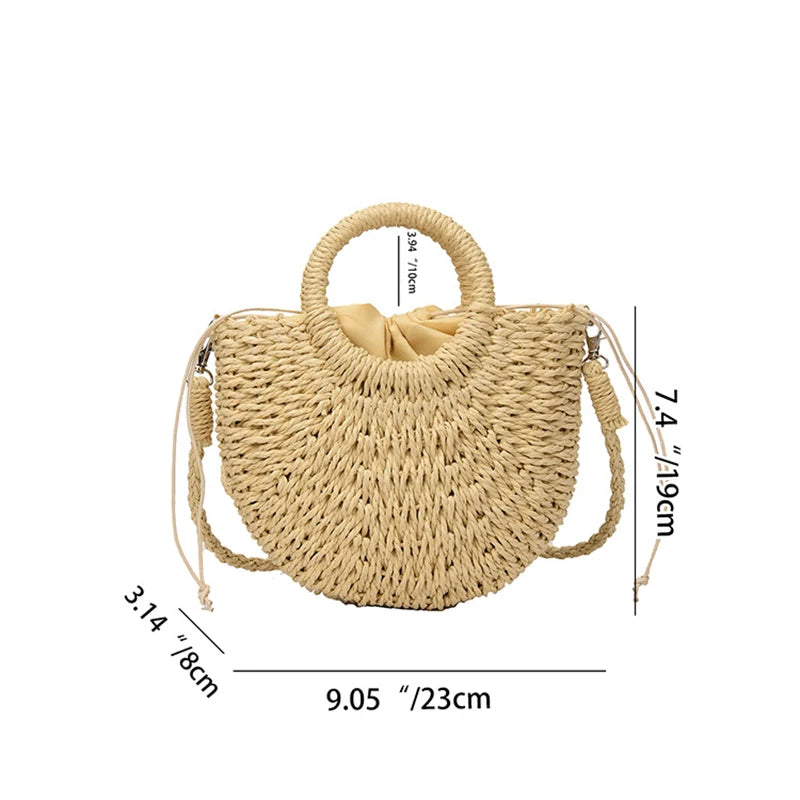 Handwoven Mom Rattan Half-Moon Beach Handbag