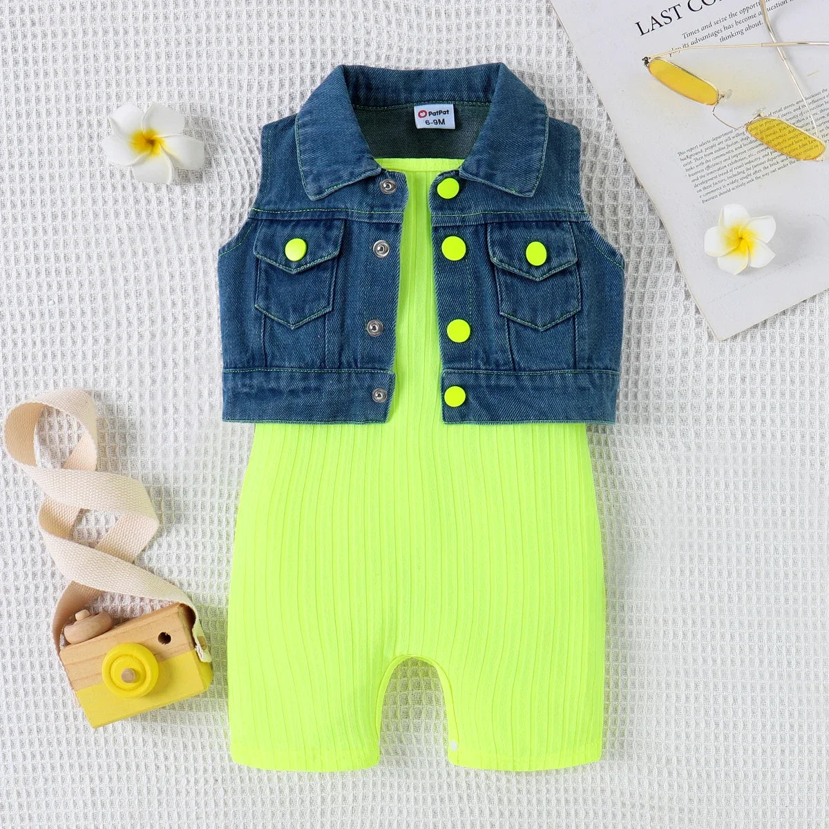 Neon Solid Rib-knit Romper + Denim Vest - Little Love Baby Organics