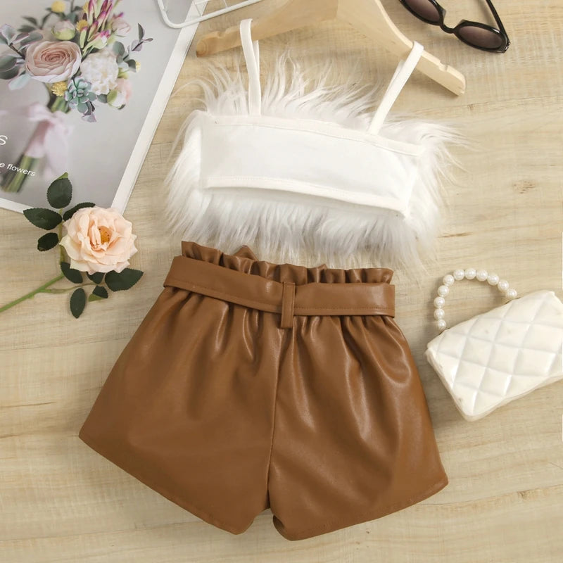 Fluffy Fur Cami+ High Waist Leather Shorts with Belt - Little Love Baby Organics