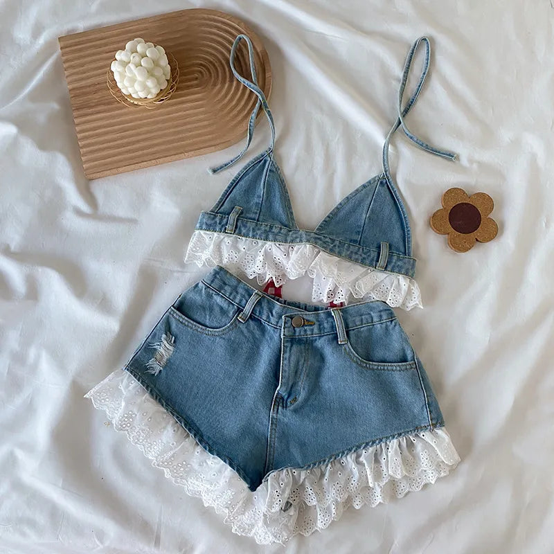 Denim Crop Shirts+Jeans Shorts - Little Love Baby Organics